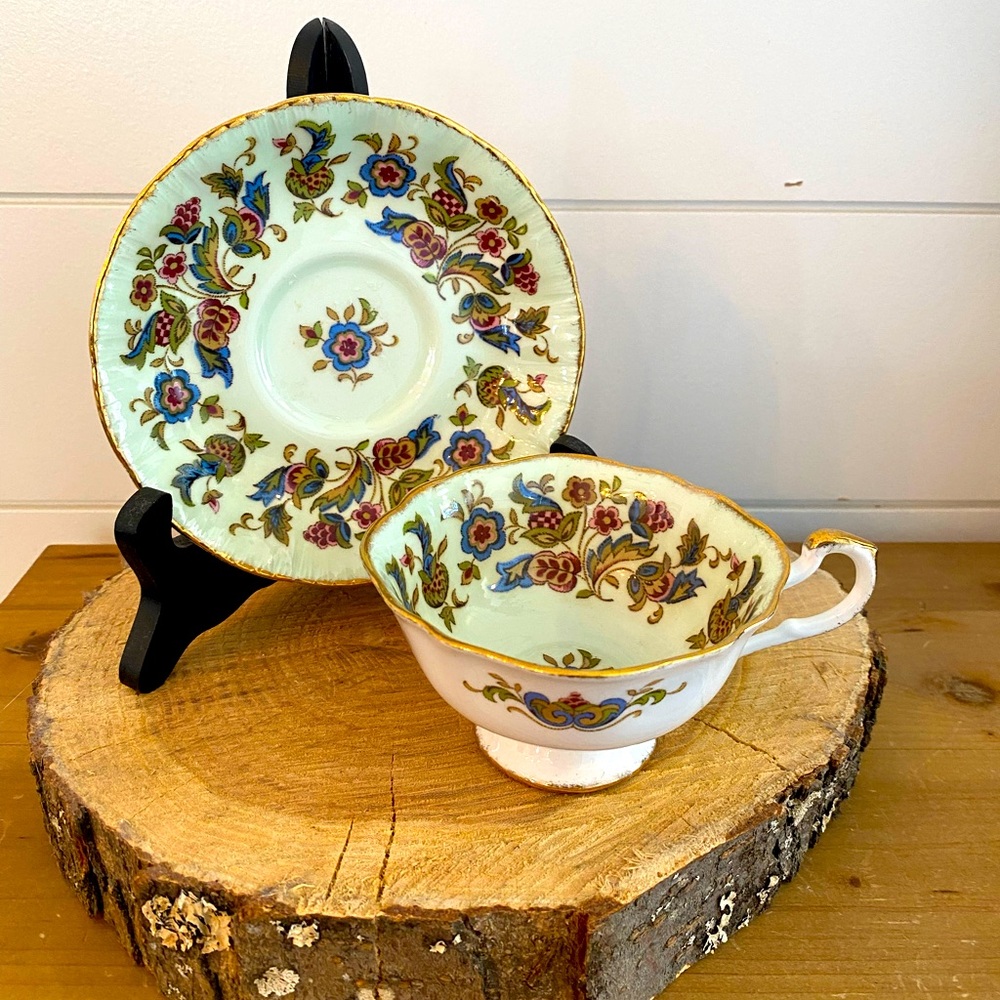 Paragon The Antique Series Stuart Pale Green Tapestry Tea Cup and Saucer 1960s